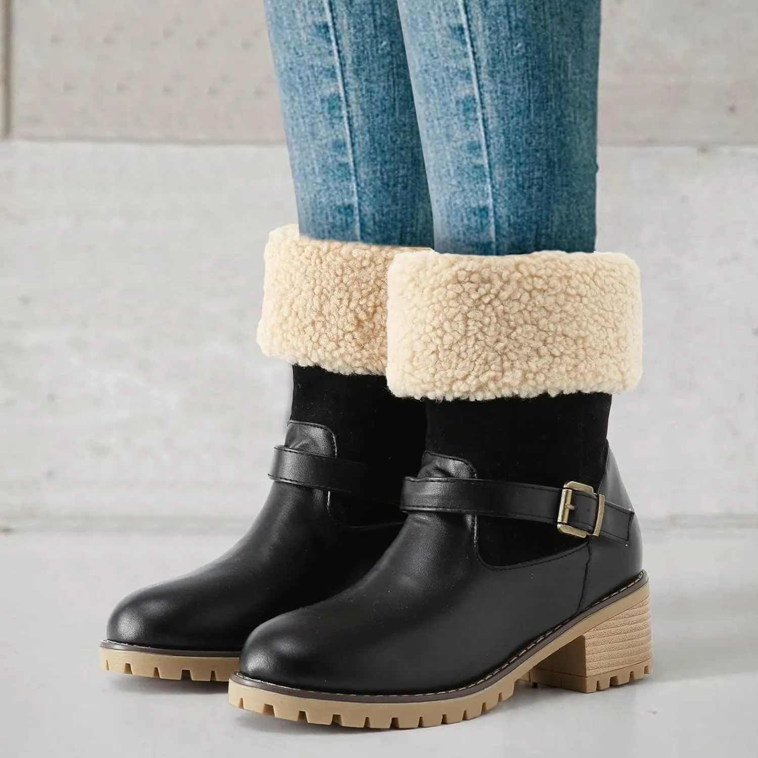 Womens Winter Boots with Fur Lined Snow Fuzzy Ankle Booties Fashion Slip On Warm Shoes Womens Snow Boots Waterproof Insulated High Heel Boot