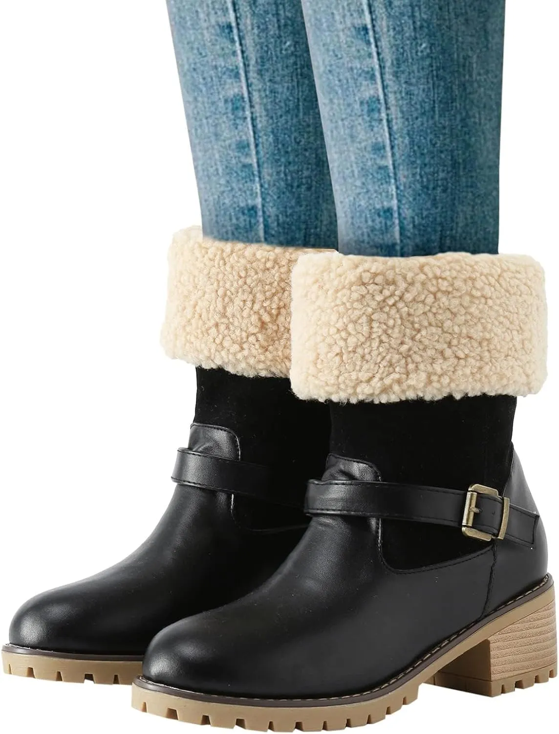 Womens Winter Boots with Fur Lined Snow Fuzzy Ankle Booties Fashion Slip On Warm Shoes Womens Snow Boots Waterproof Insulated High Heel Boot