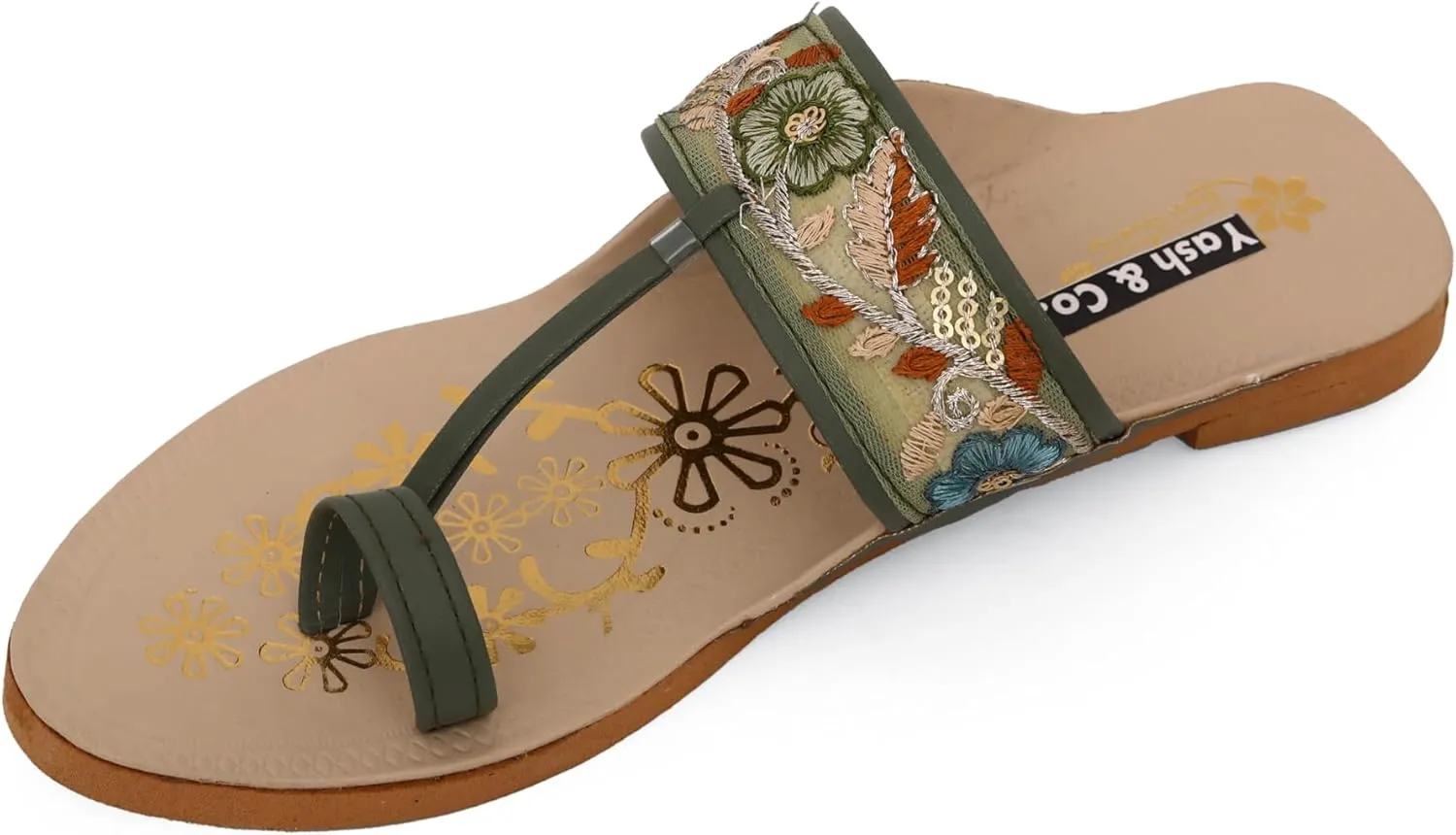 YASH & CO. Women's Ethnic Kolhapuri Flats – Handcrafted Embroidered Slip-On Sandals with Toe Strap
