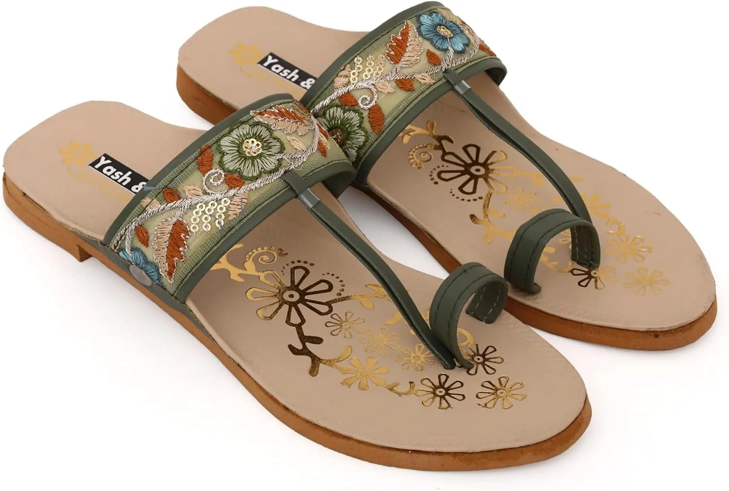 YASH & CO. Women's Ethnic Kolhapuri Flats – Handcrafted Embroidered Slip-On Sandals with Toe Strap
