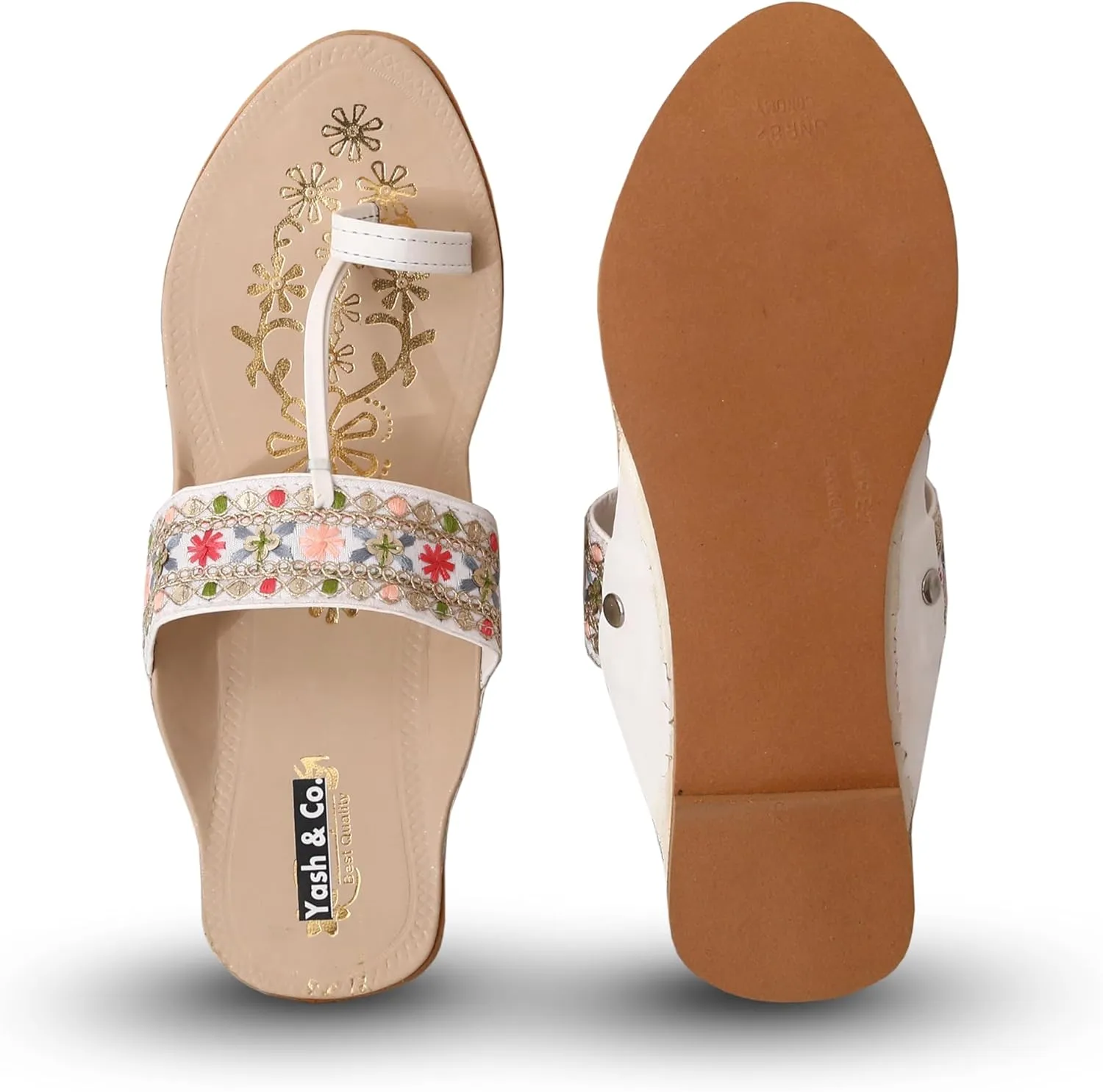 YASH & CO. Women's Ethnic Kolhapuri Flats – Handcrafted Embroidered Slip-On Sandals with Toe Strap