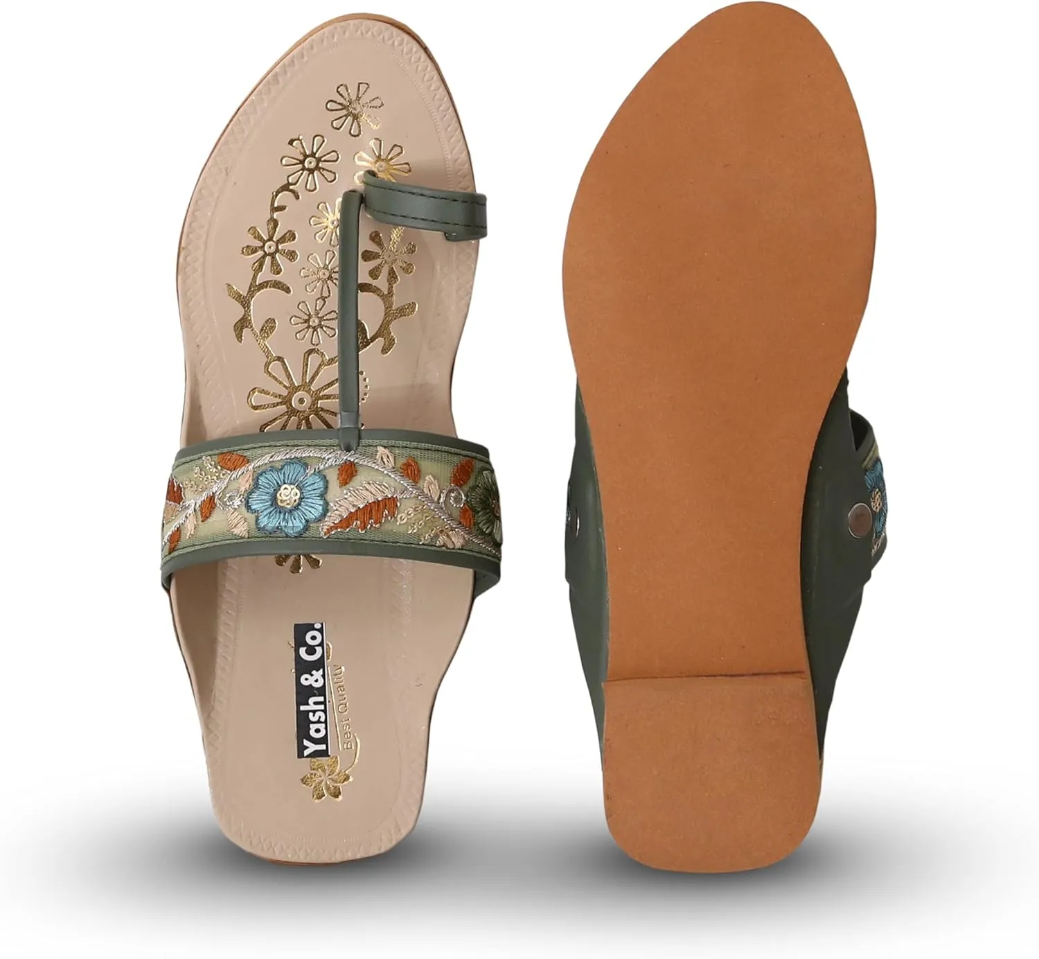 YASH & CO. Women's Ethnic Kolhapuri Flats – Handcrafted Embroidered Slip-On Sandals with Toe Strap