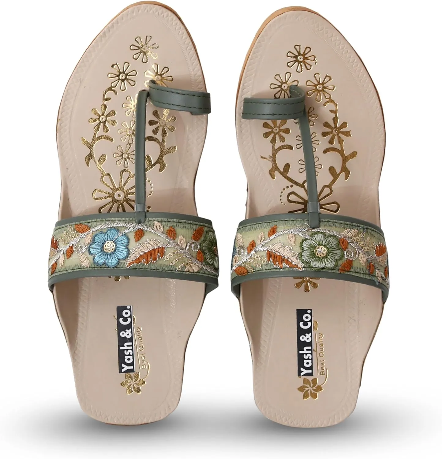 YASH & CO. Women's Ethnic Kolhapuri Flats – Handcrafted Embroidered Slip-On Sandals with Toe Strap