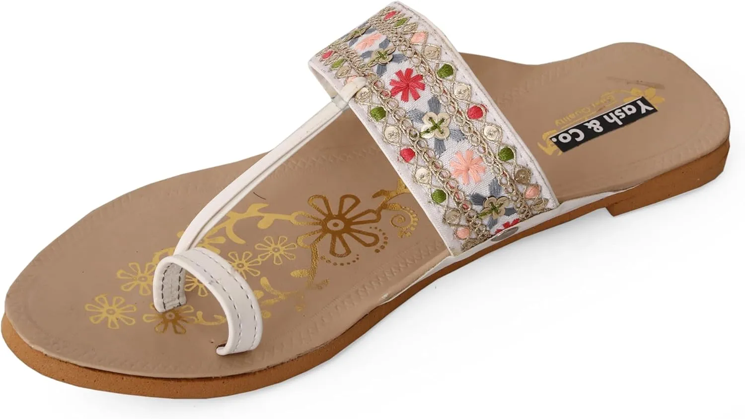 YASH & CO. Women's Ethnic Kolhapuri Flats – Handcrafted Embroidered Slip-On Sandals with Toe Strap