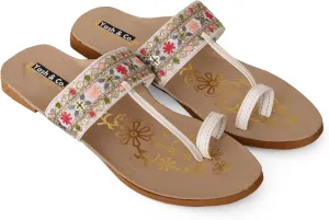 YASH & CO. Women's Ethnic Kolhapuri Flats – Handcrafted Embroidered Slip-On Sandals with Toe Strap