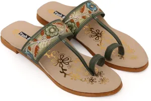 YASH & CO. Women's Ethnic Kolhapuri Flats – Handcrafted Embroidered Slip-On Sandals with Toe Strap