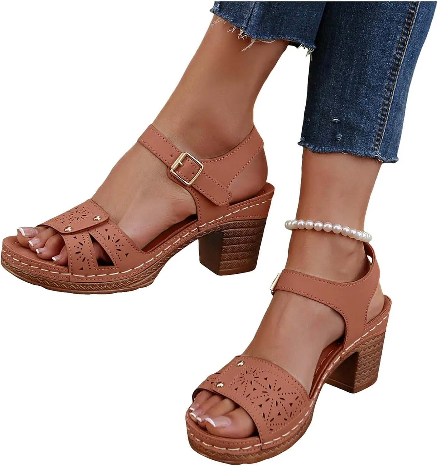 ZSpzx Women's Chunky Block Mid Heels Sandals Low Open Toe Ankle Strap Classic Platform Heel Summer Wedding Party Dress Straps Hollow Out Comfortable Sandal Adjustable Walking Shoes for Daily Wear