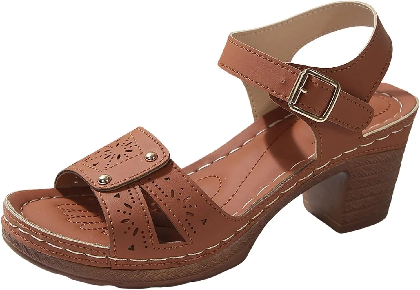 ZSpzx Women's Chunky Block Mid Heels Sandals Low Open Toe Ankle Strap Classic Platform Heel Summer Wedding Party Dress Straps Hollow Out Comfortable Sandal Adjustable Walking Shoes for Daily Wear