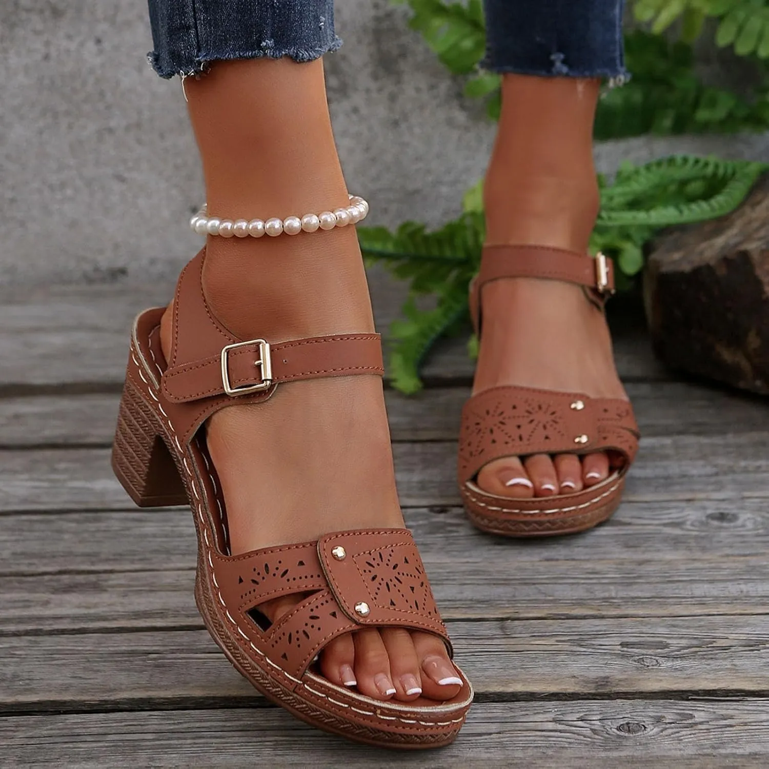 ZSpzx Women's Chunky Block Mid Heels Sandals Low Open Toe Ankle Strap Classic Platform Heel Summer Wedding Party Dress Straps Hollow Out Comfortable Sandal Adjustable Walking Shoes for Daily Wear