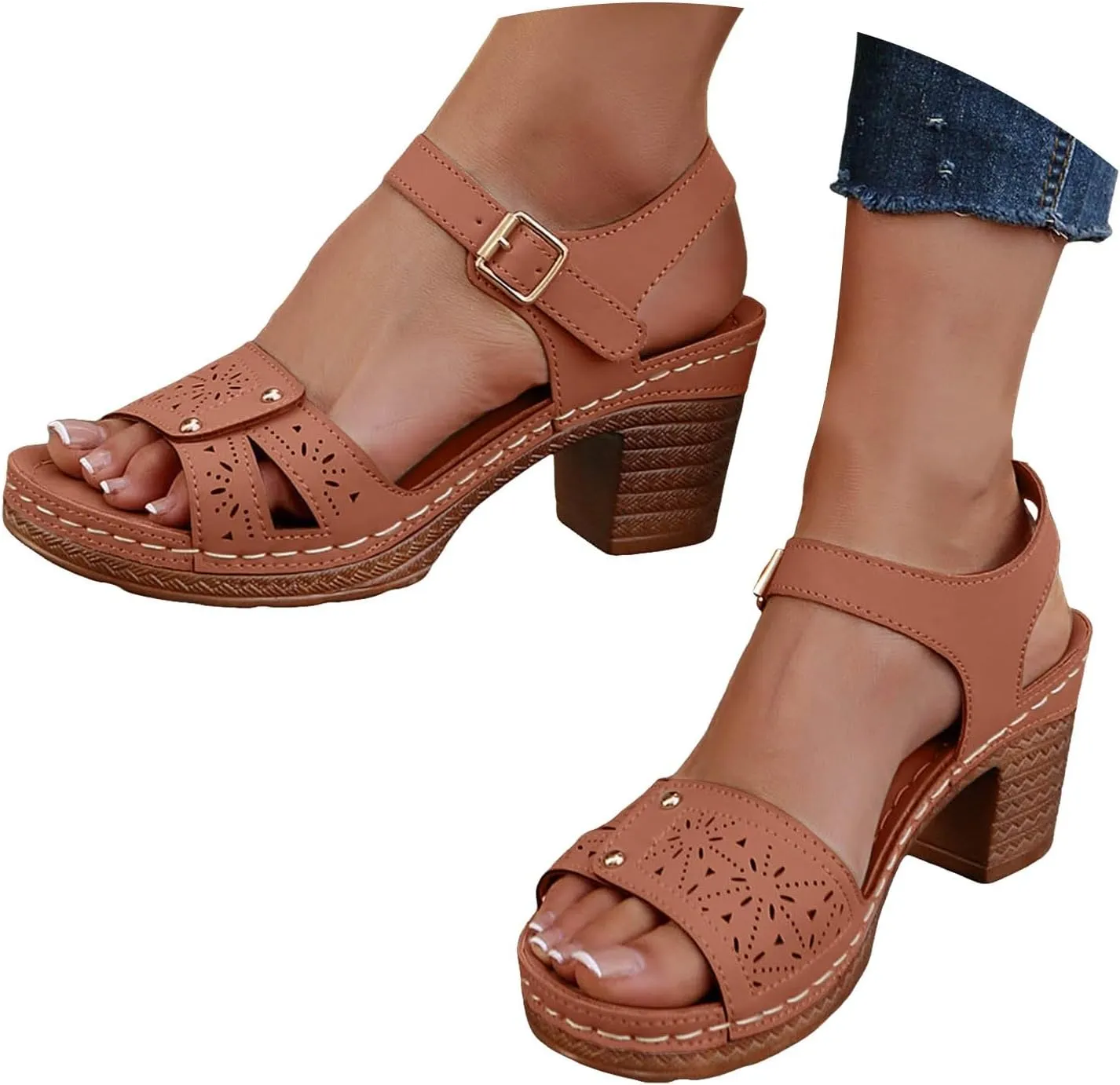 ZSpzx Women's Chunky Block Mid Heels Sandals Low Open Toe Ankle Strap Classic Platform Heel Summer Wedding Party Dress Straps Hollow Out Comfortable Sandal Adjustable Walking Shoes for Daily Wear