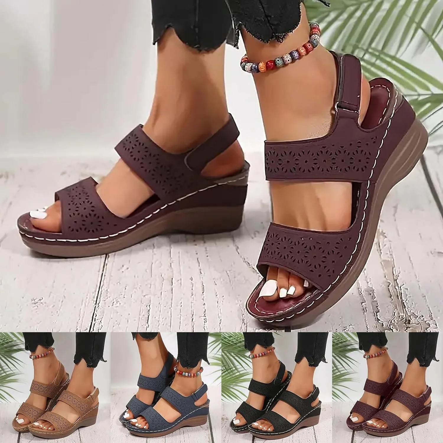 ZSpzx Women's Heeled Sandals Open Toe Slip On Block Womens Chunky Mid Heels Ankle Strap Sandal Hollow Out Slippers Casual Comfortable Summer Adjustable Walking Fashion Party Dress Shoes